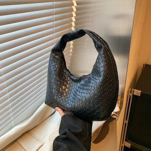 Women Classic Fashion Woven Embossed Hobo Soft PU Leather Small Top-handle Shoulder Bag Casual Daily Black Handbags