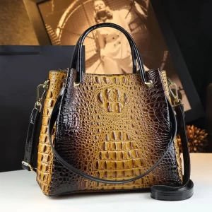 Two-Tone Brown Genuine Crocodile-Embossed Leather Satchel
