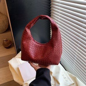 Women Classic Fashion Woven Embossed Hobo Soft PU Leather Small Top-handle Shoulder Bag Casual Daily Red Handbags