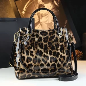 Leopard Print Patent Leather Croc-Embossed Satchel