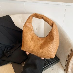 Women Classic Fashion Woven Embossed Hobo Soft PU Leather Small Top-handle Shoulder Bag Casual Daily Brown Handbags