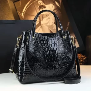 Jet Black Genuine Crocodile-Embossed Leather Satchel