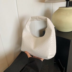 Women Classic Fashion Woven Embossed Hobo Soft PU Leather Small Top-handle Shoulder Bag Casual Daily White Handbags