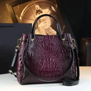 Deep Purple Genuine Crocodile-Embossed Leather Satchel