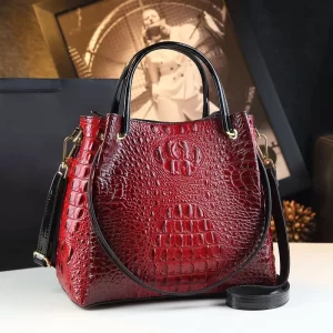 Burgundy Red Genuine Crocodile-Embossed Leather Satchel