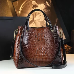 Rich Brown Genuine Crocodile-Embossed Leather Satchel