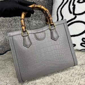 Elegant Grey Genuine Crocodile Leather Tote with Bamboo Handles