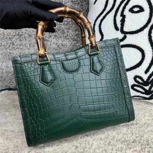 Emerald Green Genuine Crocodile Leather Tote with Bamboo Handles