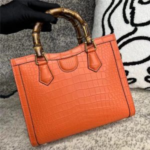 Vibrant Orange Genuine Crocodile Leather Tote with Bamboo Handles