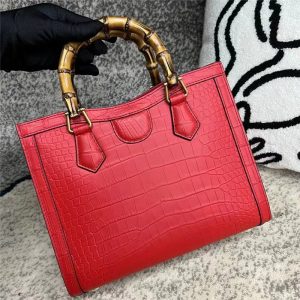 Vibrant Red Genuine Crocodile Leather Tote with Bamboo Handles