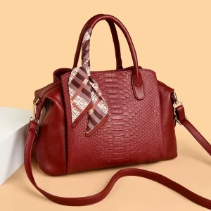 Wine Red Luxury Crocodile Embossed Tote Bag with Silk Scarf