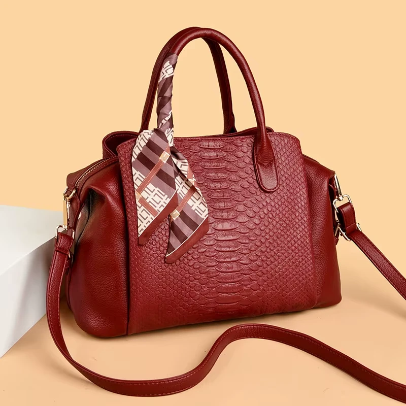 Wine Red Luxury Crocodile Embossed Tote Bag with Silk Scarf