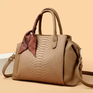 Khaki Elegant Snake Texture Tote Bag with Decorative Scarf