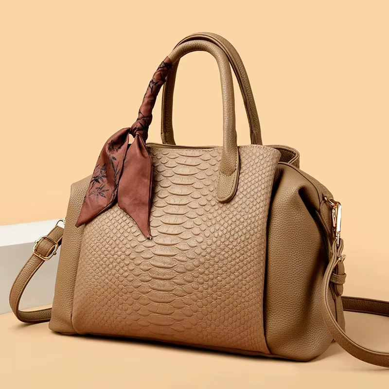 Khaki Elegant Snake Texture Tote Bag with Decorative Scarf