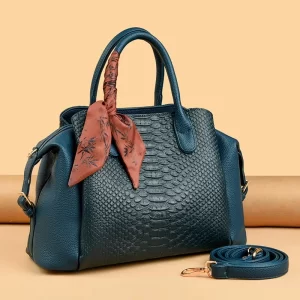 Dark Green Stylish Crocodile Print Tote Bag with Silk Accessory
