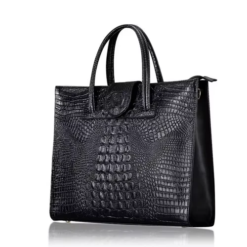 Black Genuine Crocodile Skin Structured Tote Bag