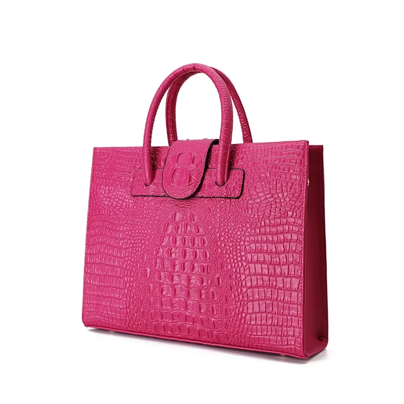 Hot Pink High-End Crocodile Embossed Leather Tote Bag