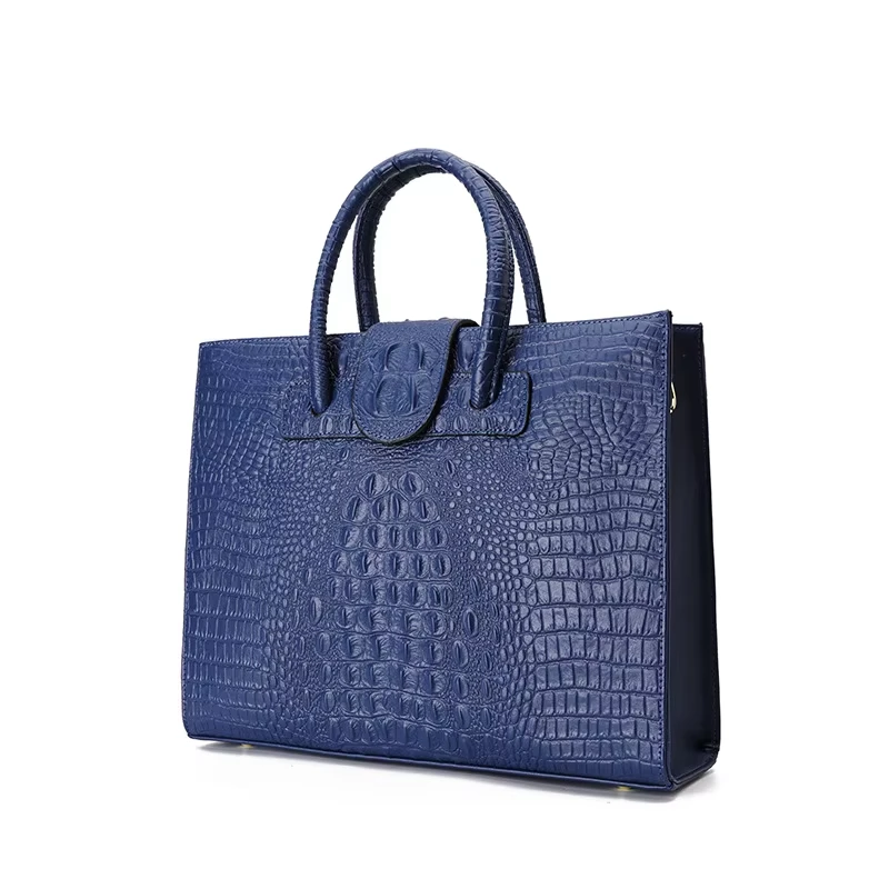 Navy Blue Minimalist Crocodile Leather Office Tote Bag