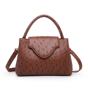 Brown Ostrich Embossed Leather Mini Tote Bag