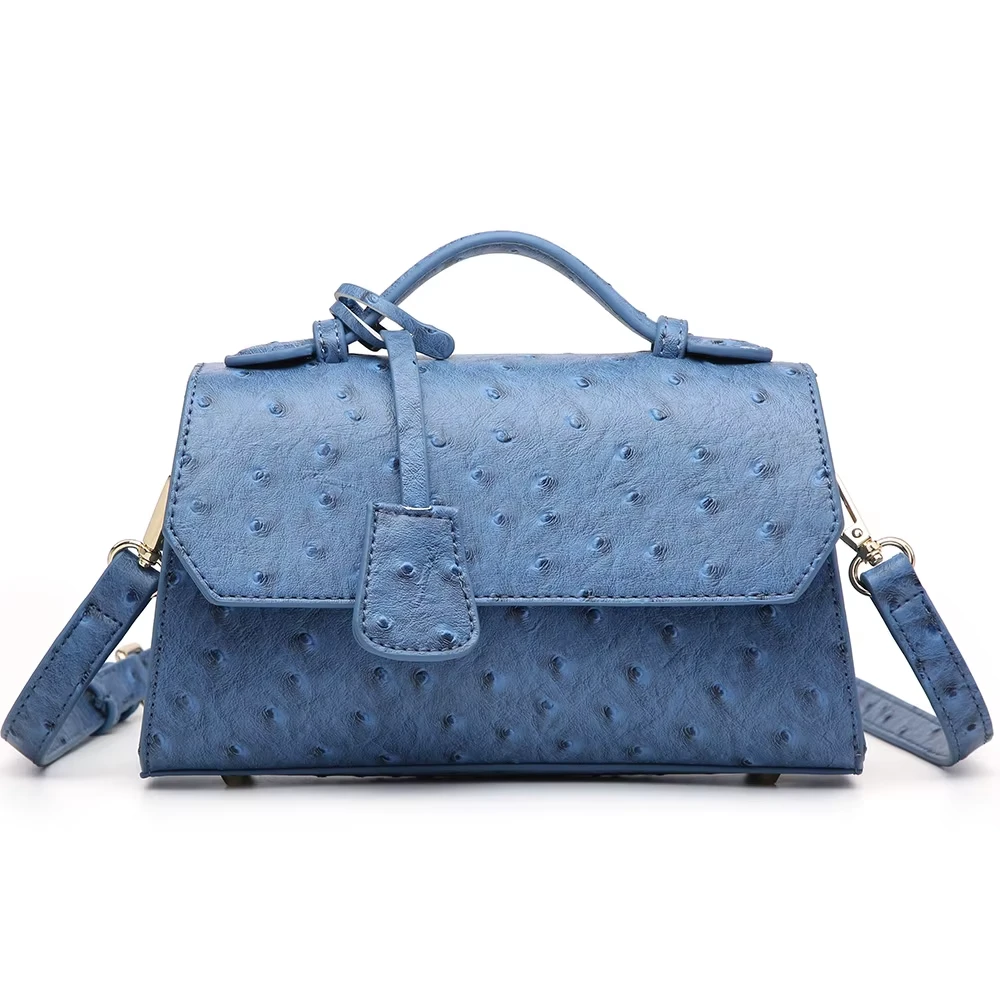 Light Blue Ostrich Embossed Leather Mini Tote Bag