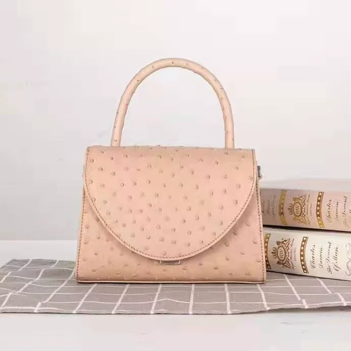 Beige Ostrich Embossed Leather Mini Tote Bag
