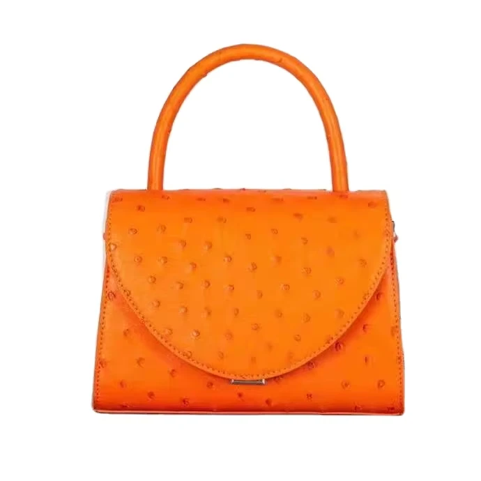 Orange Ostrich Embossed Leather Mini Tote Bag