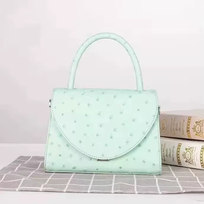 Mint Green Ostrich Embossed Leather Mini Tote Bag