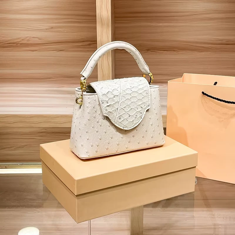 White Ostrich and Snake Pattern Hybrid Mini Tote Bag