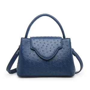 Navy Blue Ostrich Embossed Leather Tote Bag